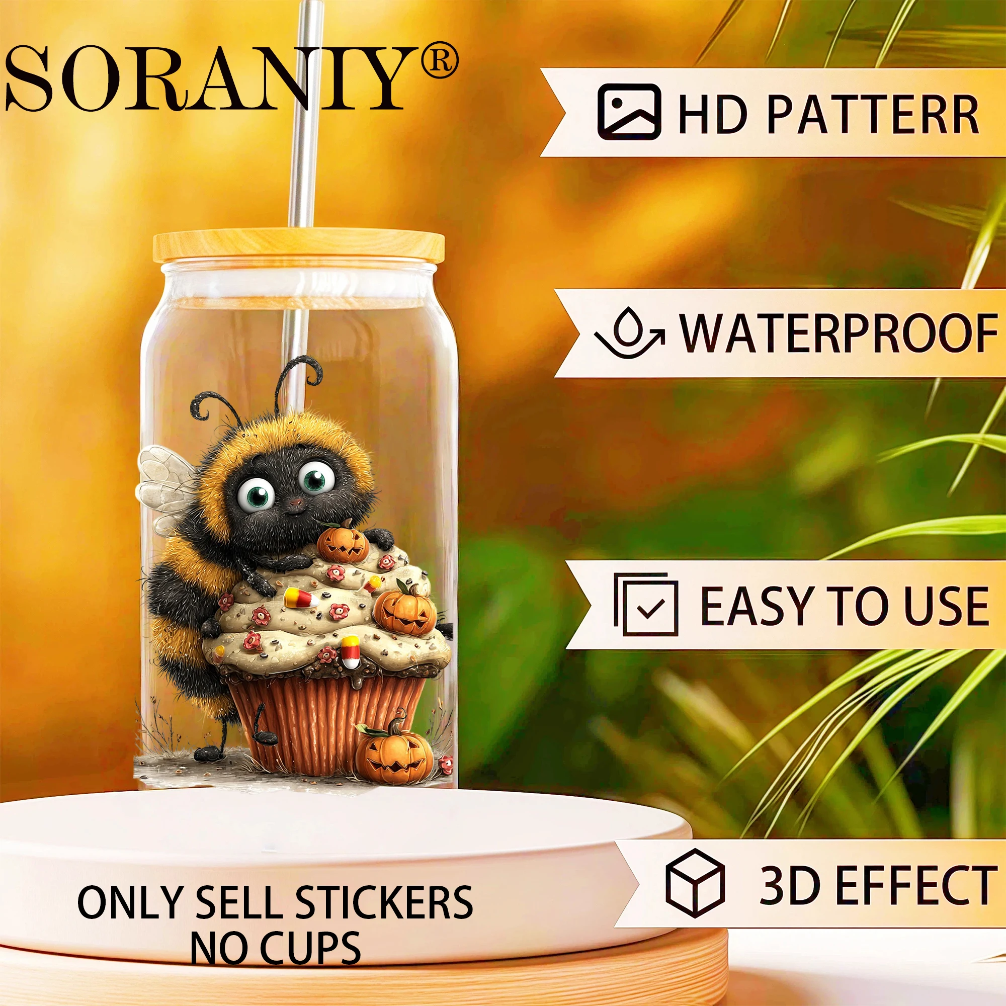 UV DTF 16OZ DIY Transfer Stickers - 5 Pieces/Set Halloween Fuzzy Bee Camping Life Theme - view 3