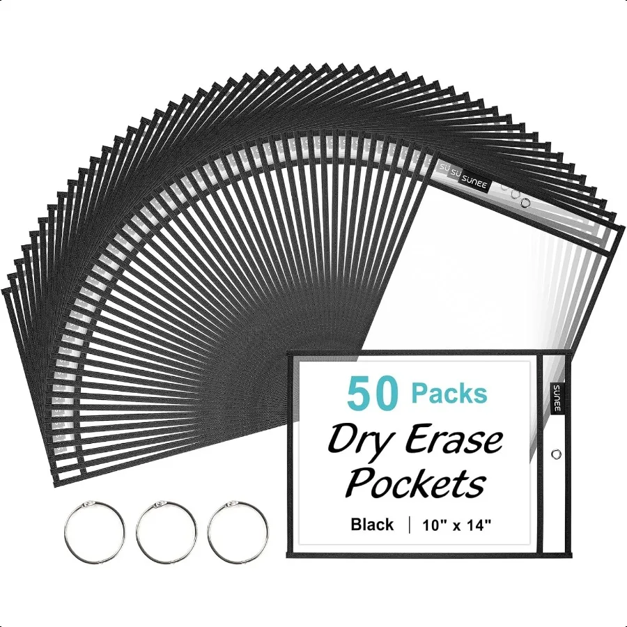 

50 Packs Oversized Reusable Dry Erase Pocket Sleeves with 3 Rings Black 10x14 Ticket Holders Clear Plastic Sheet Protectors Tea