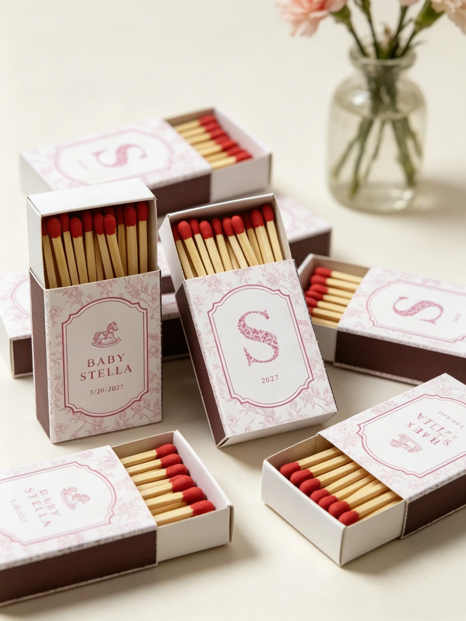 Toile Floral Rocking Horse Personalized Matchboxes Baby Shower Favors Elegant New Baby Keepsake Event Decor Gifts