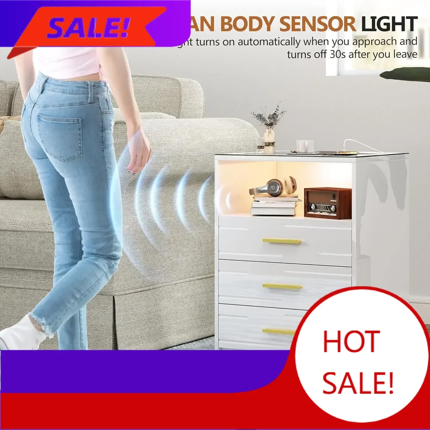 BestsellerBestsellerBestsellerEnvironmental Smart LED Bedside Table Set 2 USB Charging Station 3 Drawers High Gloss Surface 3 Co