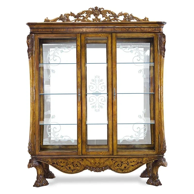 American retro display cabinet Solid wood living room collection display cabinet storage wine cabinet European antique