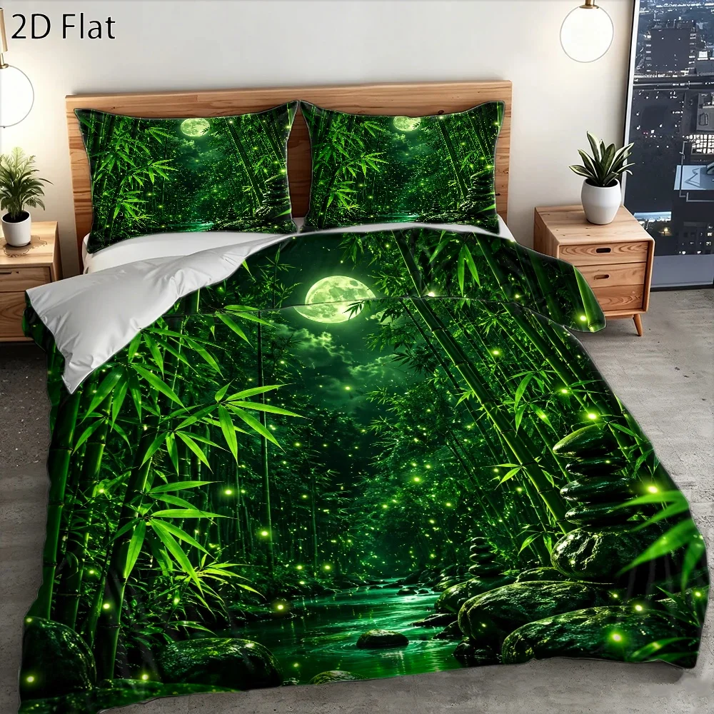 3-Piece Natural Style Bamboo Shadow Firefly Moon Duvet Cover Set, Three-Piece Bedding Set (1 Duvet Cover + 2 Pillowcases), Suitable for All Seasons, Machine Washable, with Invisible Zipper, Large Double Bed Cover, Suitable for Home, Dormitory, Master Bedroom, Guest Room, Forest Style Bamboo Forest and Stream Night Scene Bedding Set, Tranquil Moonlight Firefly Element Bedding, Skin-Friendly Breathable Bedding Set, Fresh Natural Style Bedroom Bedding Three-Piece Set