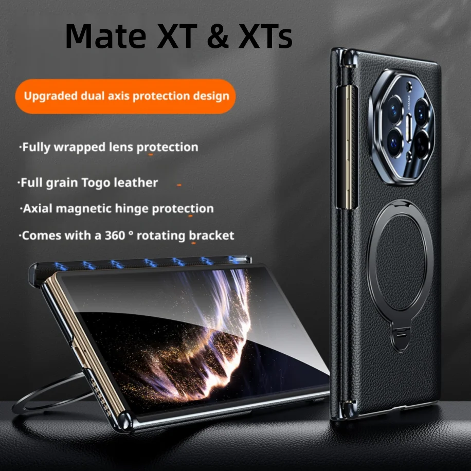 

For Huawei Mate XT XTs Case Dual Axis Magnetic Hinge Protection Fully Wrapped Toog Genuine Leather 360° Rotating Stand Cover