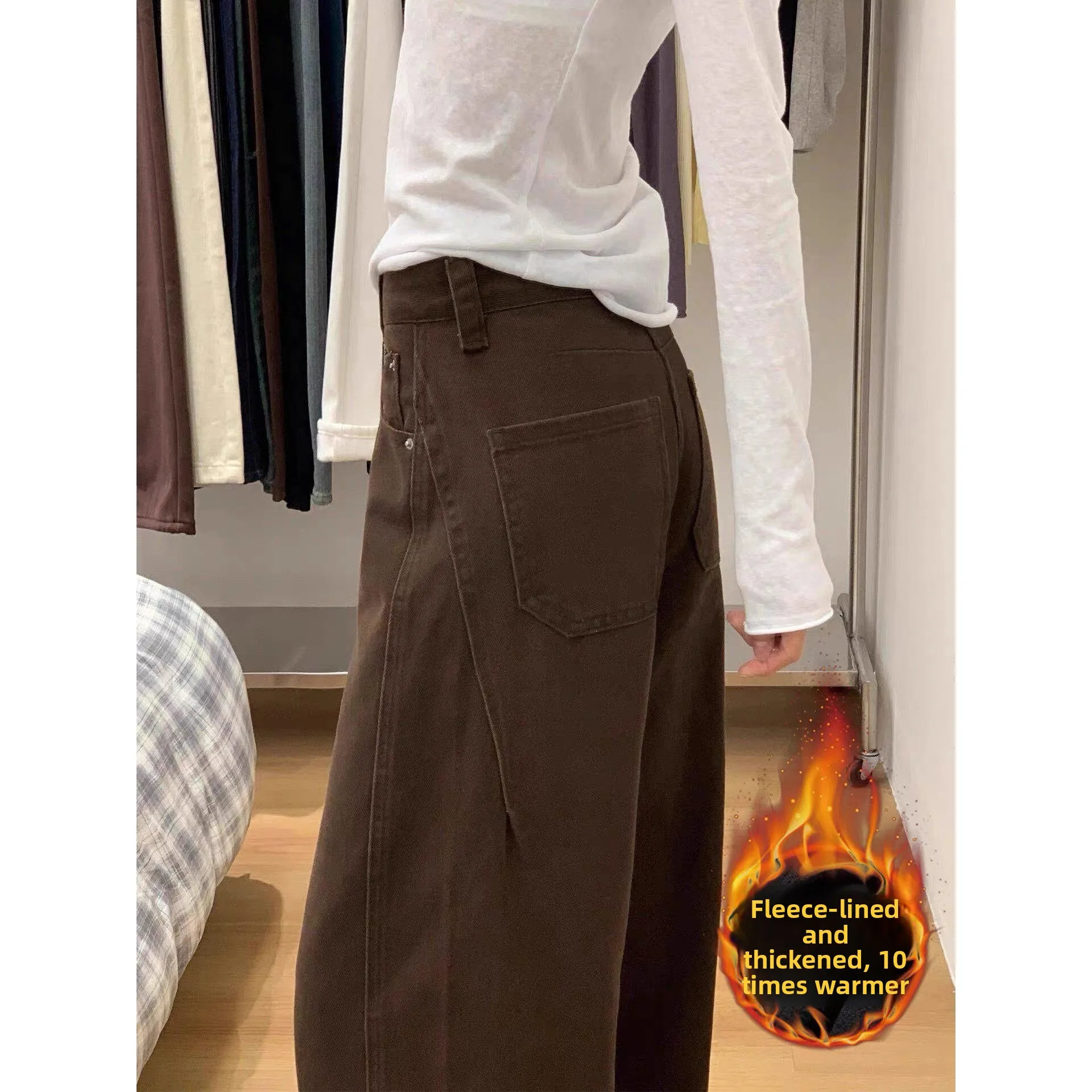 High Waist Fleece Lined Wide Leg Jeans Women's Straight Cut Denim Pants Autumn Winter Fashion Slimming Design Versatile Cotto...