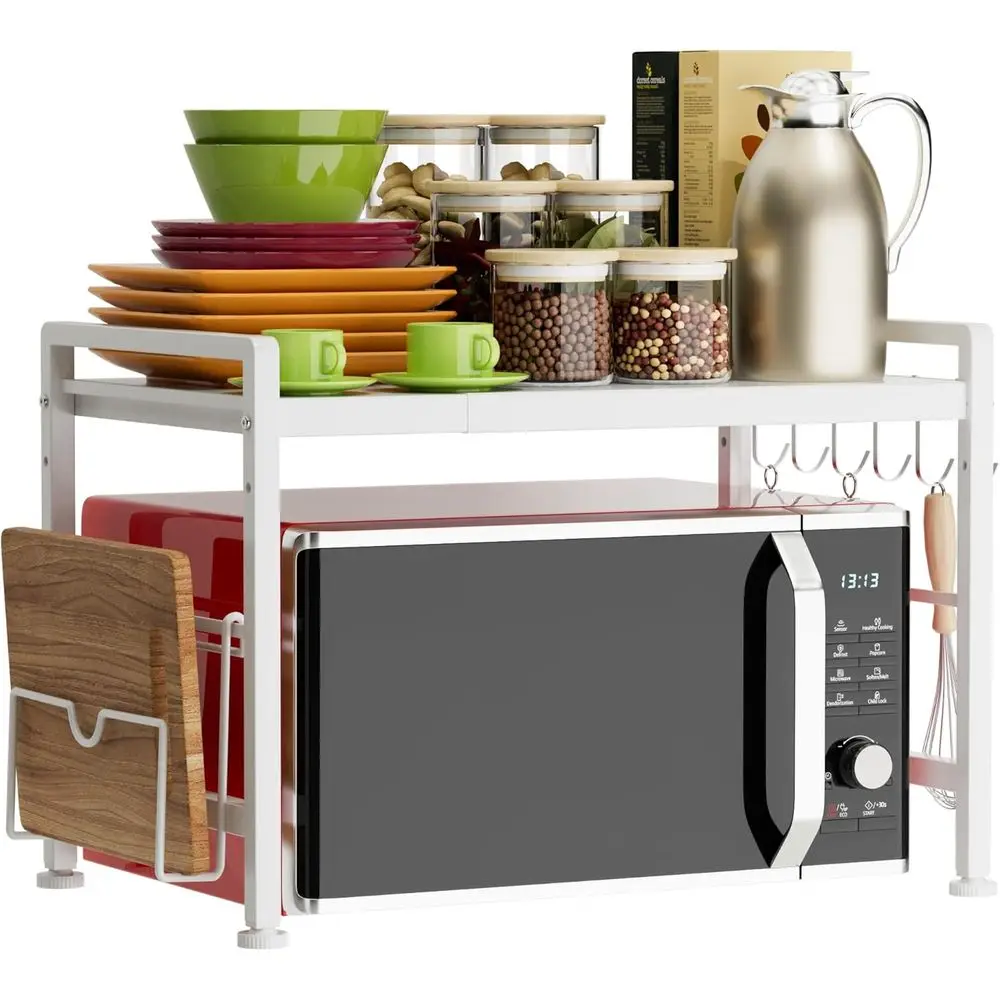 

Extendable Microwave Oven Rack - Adjustable Kitchen Counter Shelf, 2 Tier Microwave Stand (L15.7~23.6xW12.8xH17.7) with 6 Hooks