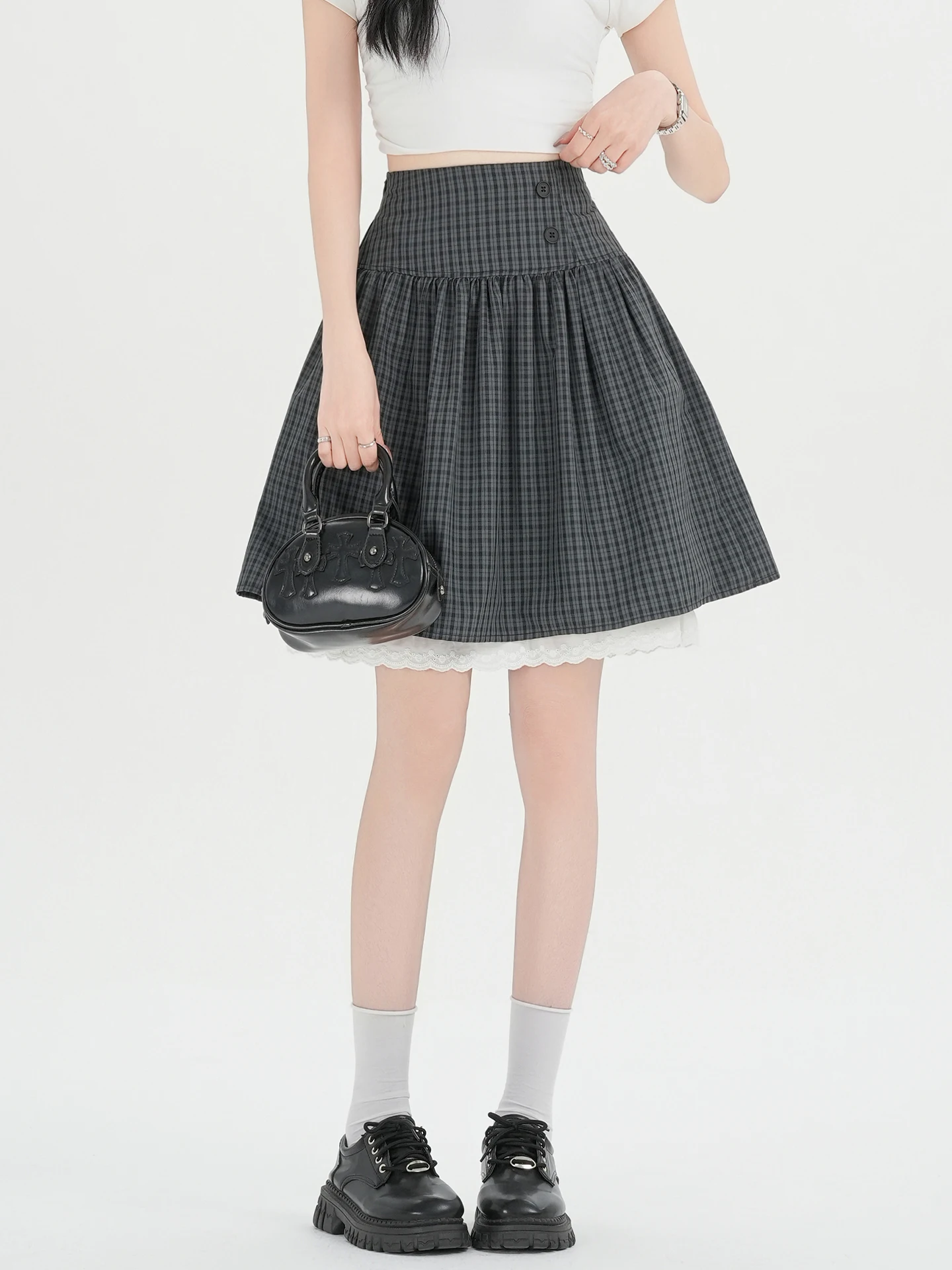

Ретро-юбка в клетку для женщин, летняя, на пуговицах, с высокой талией, А-силуэт, с кружевными вставками, средней длины, в корейском стиле, для повседневной носки