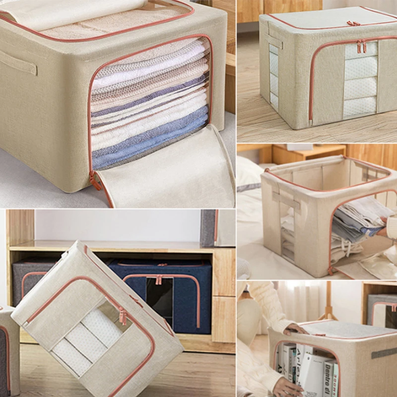 24/66/100L Storage Box Steel Frame Foldable Oxford Cloth Storage Box with Lid Cosmetics Quilt Book Toy Clothes Storage Organizer