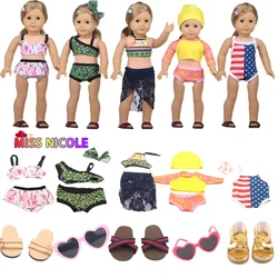 Dolls Accessories Summer Refreshing Bikini Bathing Clothes Sunglass Doll Shoes For 18inch American Doll For Girl's Birthday Gift