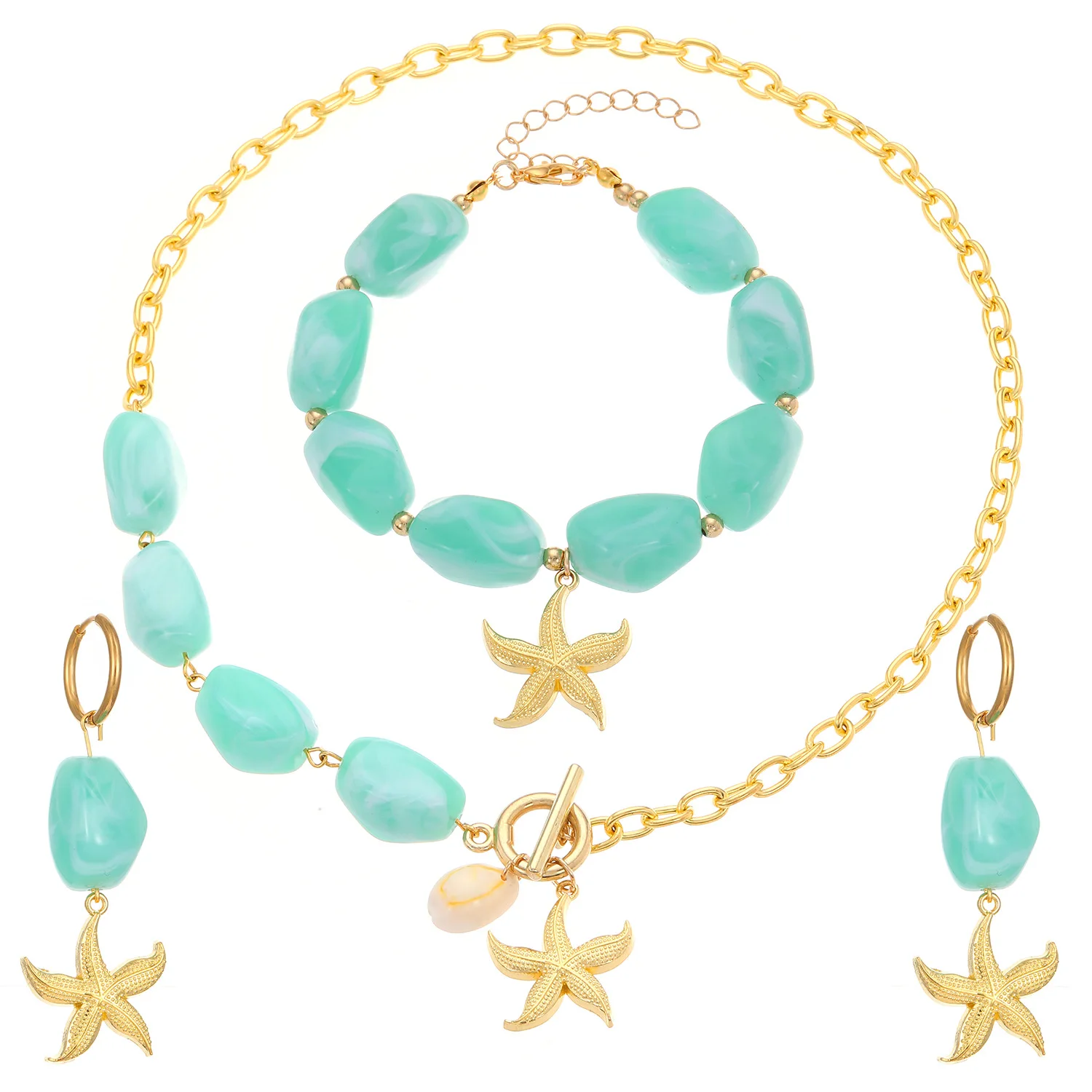 المحيط نمط نجم البحر قلادة الأصفر مطرز سلسلة قلادة أقراط سوار المرأة الشاطئ الصيف اكسسوارات البحر موضوع طقم مجوهرات #5