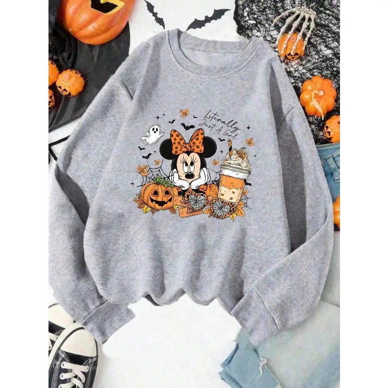 Eine Disney-Maus genießt nur den Nachmittagstee auf Halloween. Sweatshirt mit Aufdruck. Herbst-/Winter-Pullover-Sweatshirt mit Rundhalsausschnitt.