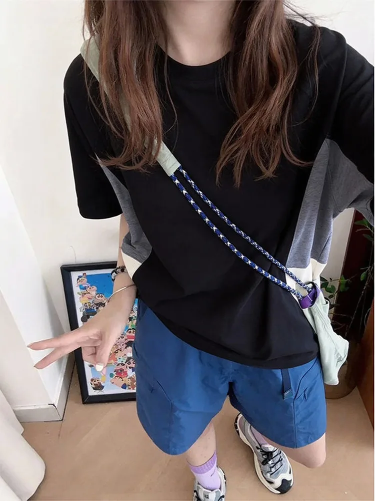 

Модная летняя футболка с цветными вставками, свободного кроя, больших размеров, спортивная, повседневная, быстросохнущая, для бега