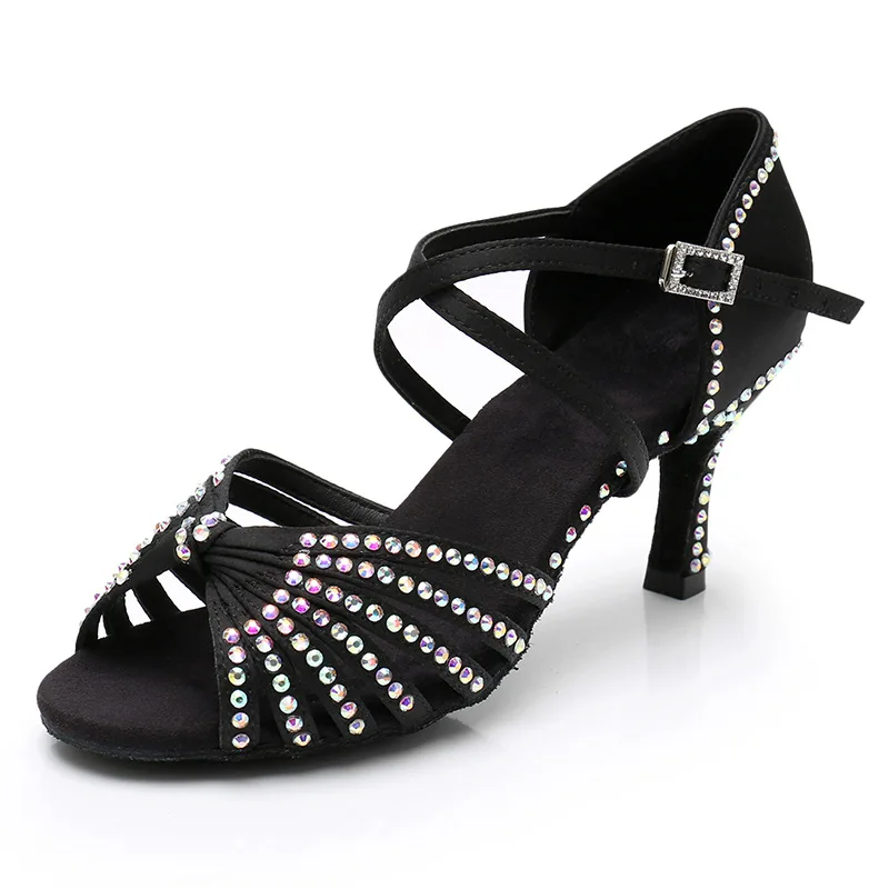 أحذية الرقص اللاتينية مع الماس للنساء البالغات بكعب متوسط مع كعب عالٍ مرصع بالألماس أحذية رقص تشا تشا القياسية الوطنية
