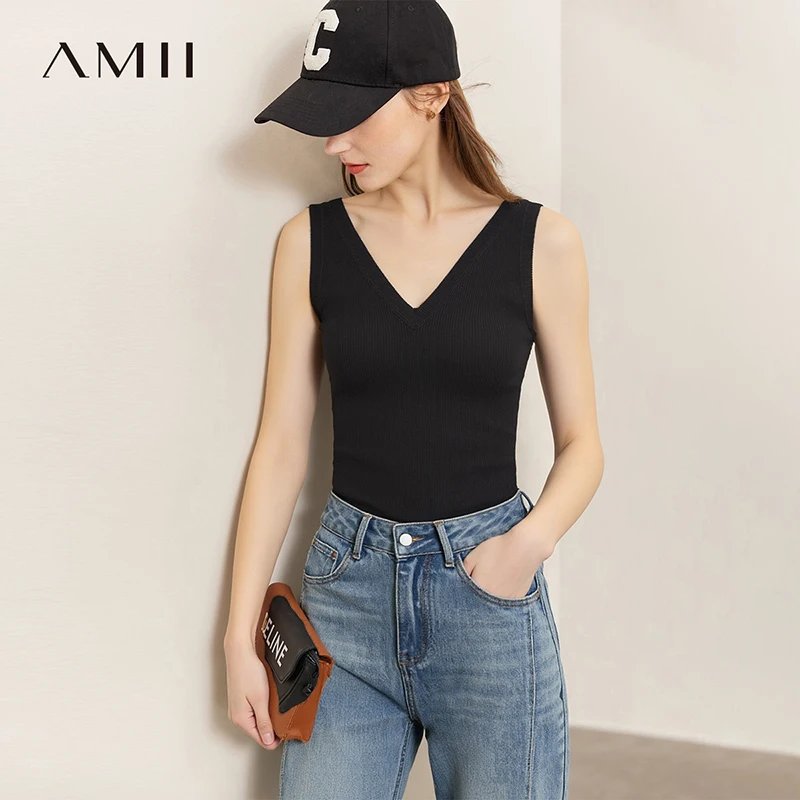 Amii Women's Tank Top 2026 Spring Basic Knit Sleeveless V-Neck Ribbed Vest Casual Versatile Layering Crop Top For Women 12641107