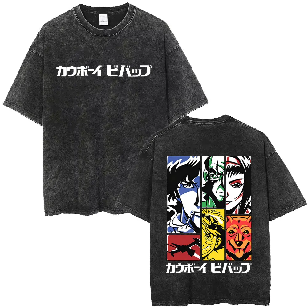 Washed Vintage Anime Cowboy Bebop Jet Black Faye Valentine Ein Spike Spiegel Face Graphic T-shirt Men Women Manga Casual T Shirt