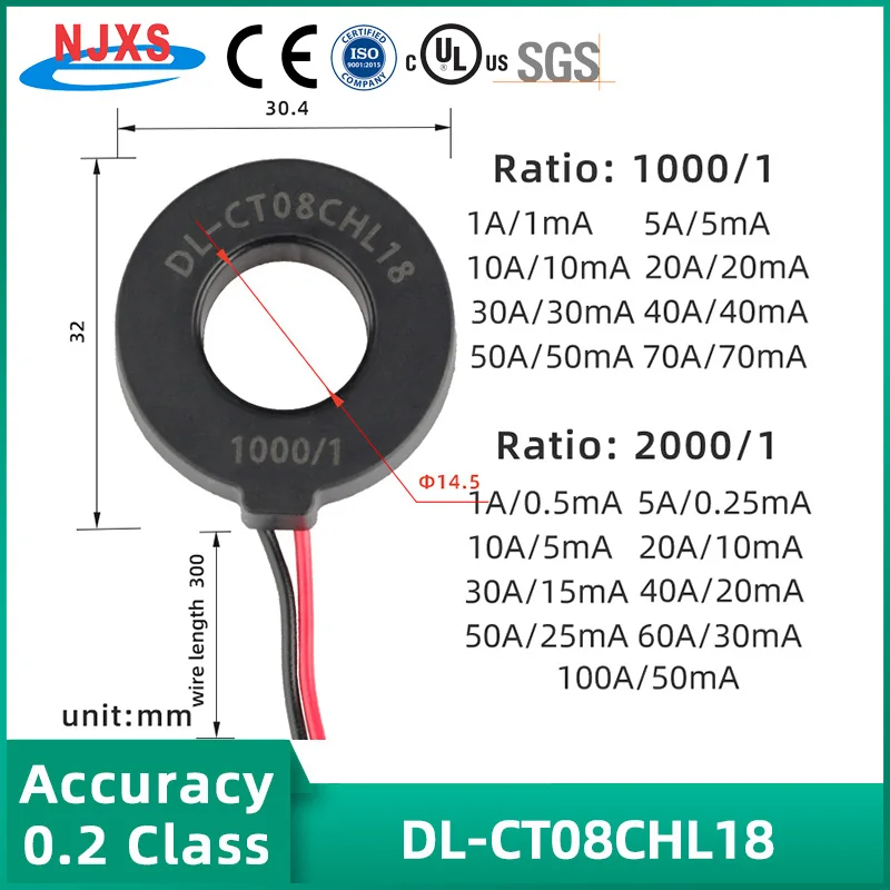 

Precision Toroidal Current Transformer Micro DL-CT08CHL18 1000/1 2000/1 AC 5A 10A 20A 30A 50A 60A 80A 100A Lead Wire Mini CT