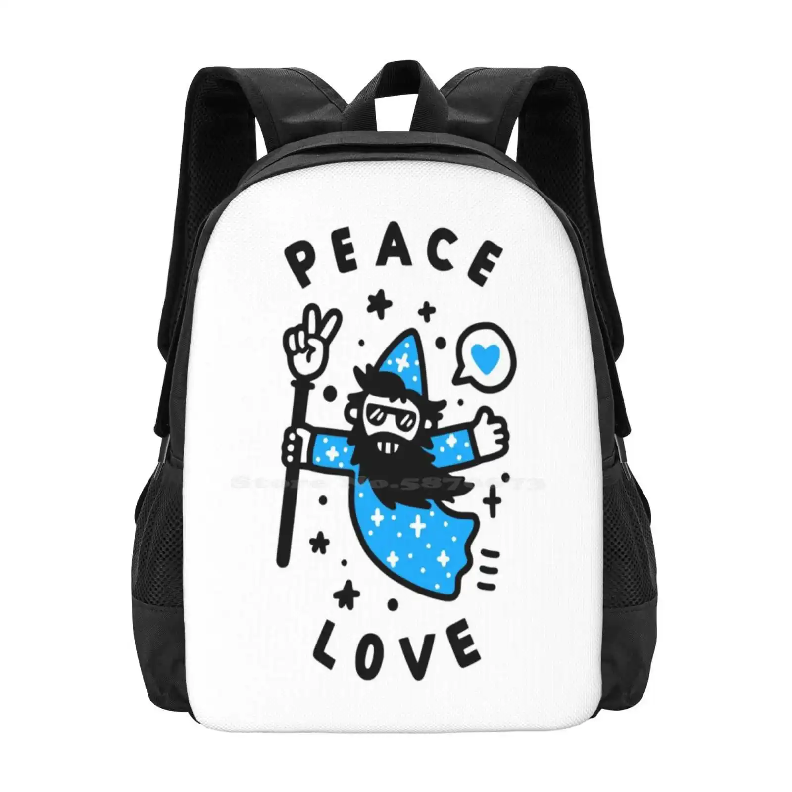 Coolest Wizard Pattern Design Laptop Travel School Bags Hippie Cool Cute Magical Stars Peace Out Peace And Love Blue White