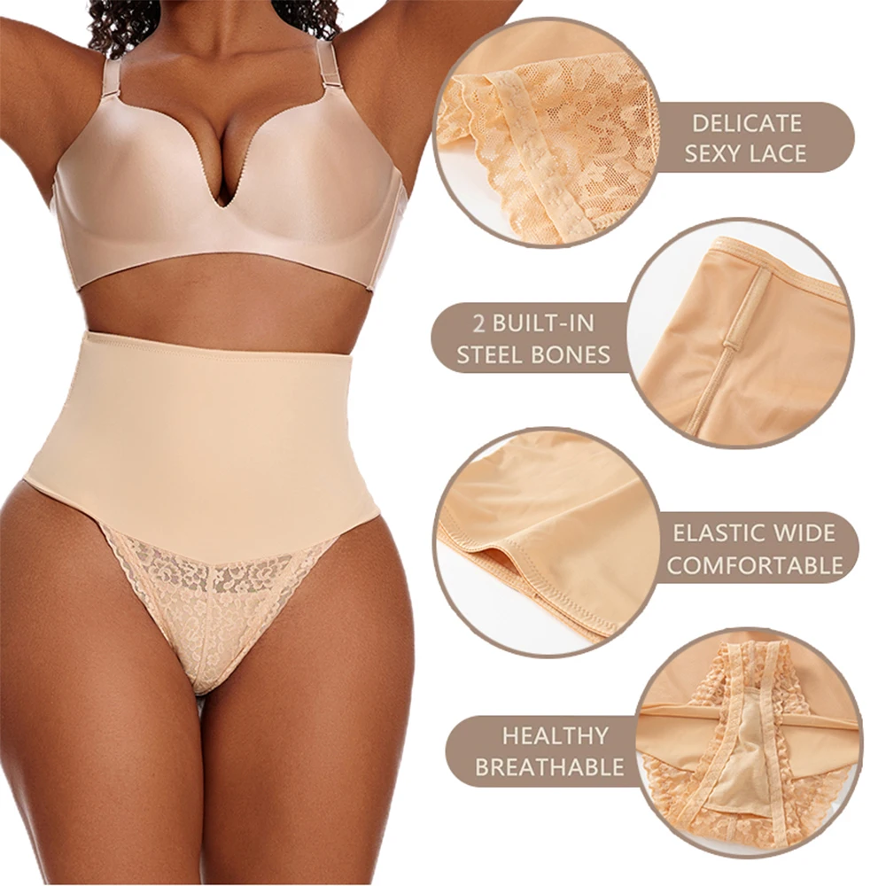 High Waist Tummy Control Thong Shapewear for Women Sexy Lace Seamless Shaping Underwear Butt Lifter Belly Shaping Cincher Brief