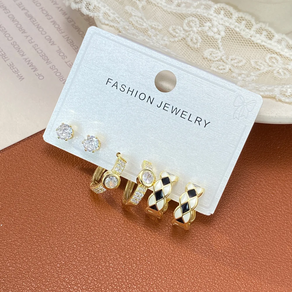 Retro fashion simple zircon checkerboard set ear buckle personalized light luxury earrings