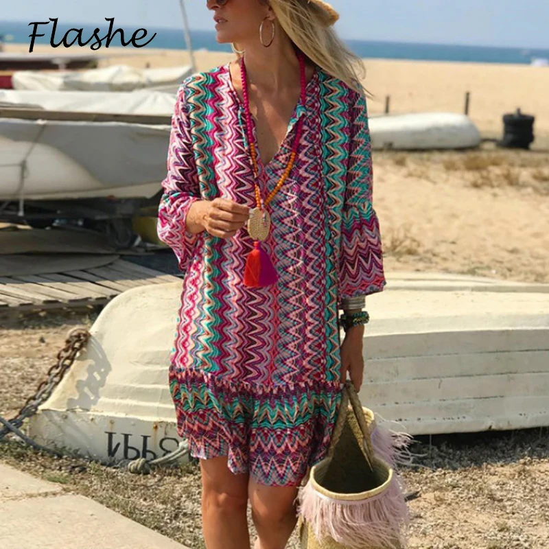 

New Beach Dress Boho V Neck Long Sleeve Vintage Print Party Dresses For Women Elegant Casual Mini Dress Women Beach Cover Up