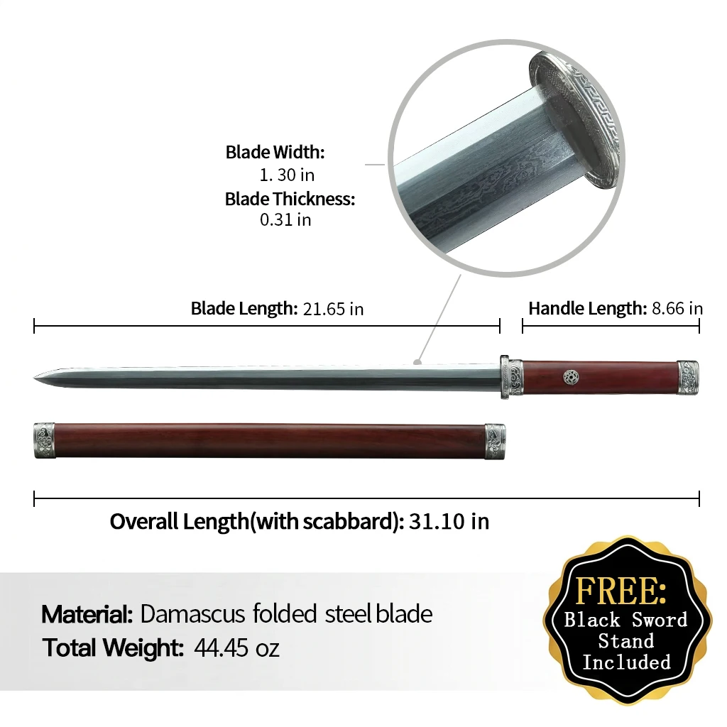 ZJ Longquan Xiangyun Tang Sword - Hundred Refined Pattern Steel Blade Handmade Chinese Straight Sword for Display & Martial Arts