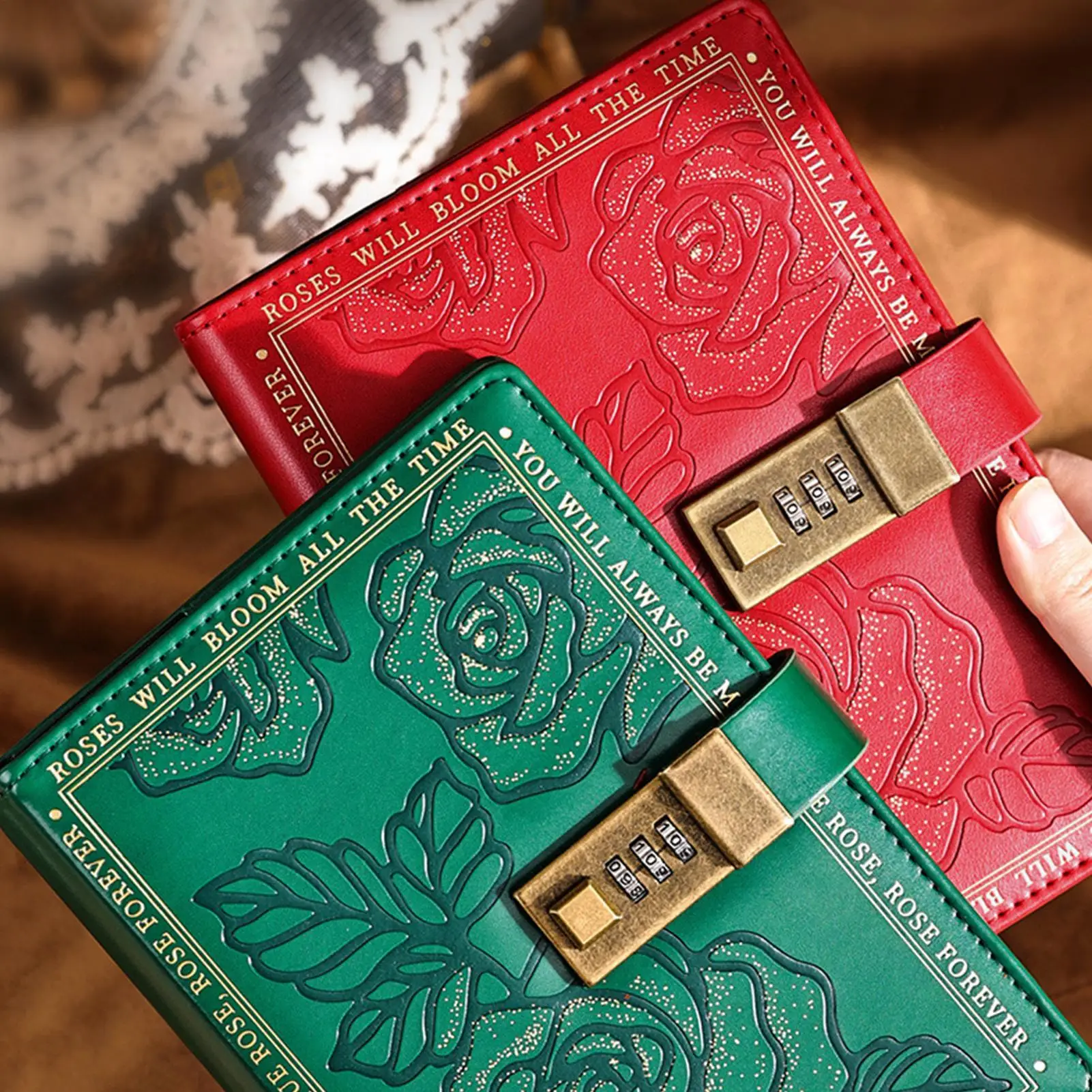 Diario con codice di blocco Copertina in pelle PU Diario con serratura Fiori e foglie Piante Etichetta Libro Blocco Diario di memoria Manuale