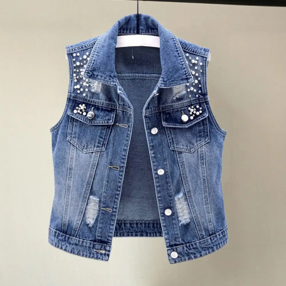 Faux Parel Kralen Dames Vest Single-Breasted Vintage Cowboy Gilet Gat Hiphop Gilet Denim Gilet Mouwloos Jasje