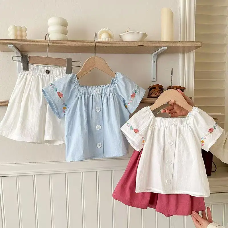 

Girls Short-sleeved Shirt 2025 Summer New Korean Embroidery Top Female Baby White Shirt Shorts Two-piece Set 90-140cm
