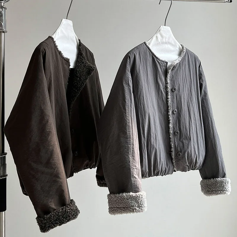 Korean Trendy Simple Lamb Wool Round Neck Warm Women's Padded Jacket Autumn Winter New Single Breasted Coats