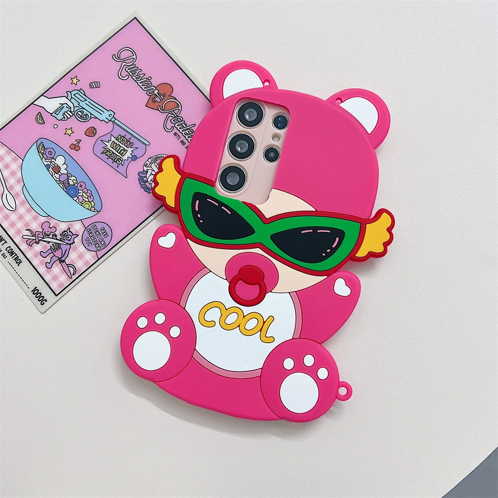 Y2K Cool Sunglasses Bear Bead Chain Phone Case for 17 Pro Max Crossbody Strap Cartoon 3D Soft Silicone Cover for iPhone 16 15 14