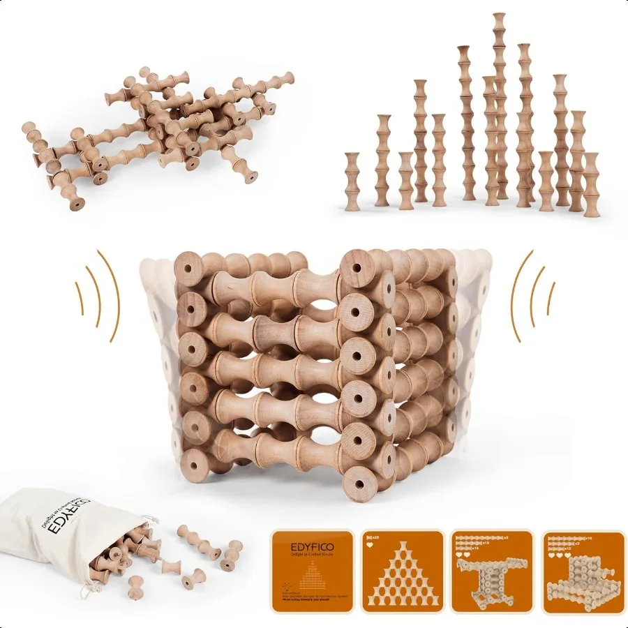 

Building Toys Wooden Building Blocks for Montori Toys 120Pcs Waving Stacking Blocks Durable Safe Wood STEM Toy with Canvas Bag