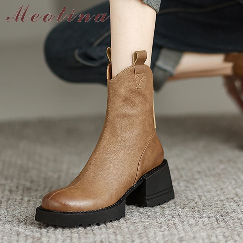 

Meotina Women Genuine Leather Ankle Boots Round Toe Thick High Heels Platform Zipper Western Short Boot Lady Shoes Autumn Winter