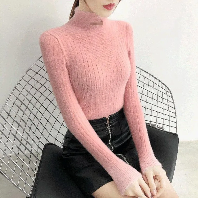 Sigutan 2023 Autumn Winter New Imitation Mink Fleece Sweater Women Long Sleeve Pullover Short Half High Neck Female Underlay