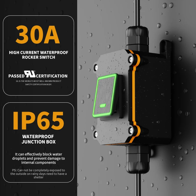 FILN 30A Waterproof Inline Switch IP66 Sealed Outdoor Auto/Boat/Marine Rocker Switch LED Box & Inline Cord 12 24V 110V 220V