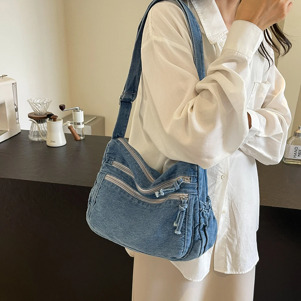 Vintage Denim Shoulder Bag Women\'s Large Capacity Messenger Bag Multi-pockets Satchel Bags Adjustable Strap Ladies Crossbody Bag