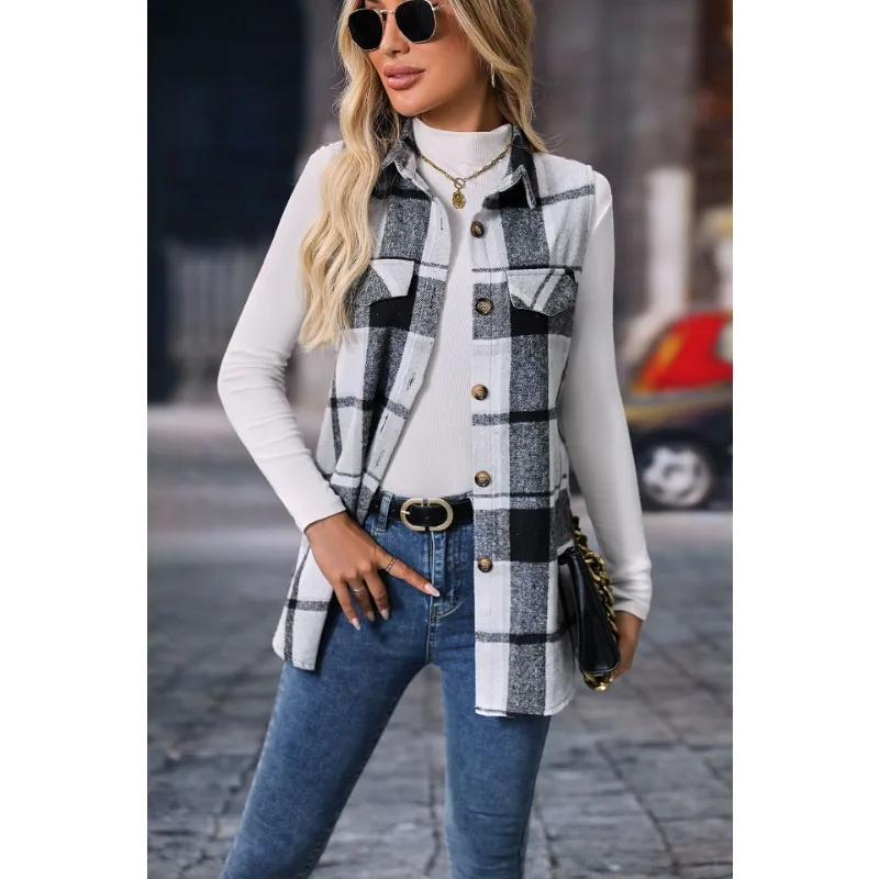 Mandylandy Fashion Plaid Sleeveless Vest Loose Coats Women Autumn Single Breasted Jackets Outwear Casual Streetwear Jackets