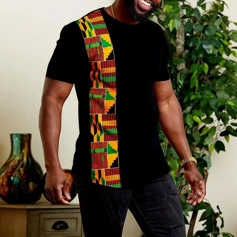 Camiseta con estampado de Kente africano para hombre, Top negro ajustado étnico informal de manga corta a la moda
