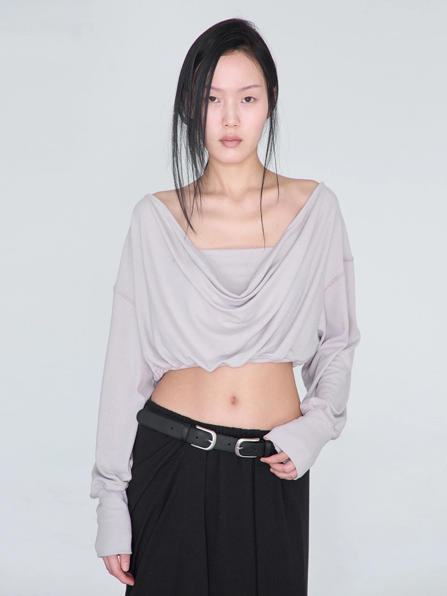 

Women's Double-Sided Wear Long Sleeve T-Shirt Set with Wide Leg Lantern Pants Cervical Bared Back Design Casual Fashion