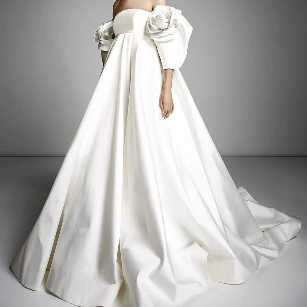 Customized Satin A-Line Off the Shoulder Flowers Evening Dress Strapless Floor Length 3/4 Sleeves White Panel Train Fashion