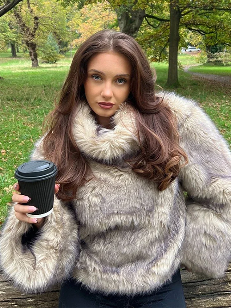 Fashion Faux Fur Women Coat Thicken Turtleneck Full Sleeve Female Pullover 2024 Autumn Winter Warm Vintage Fluffy Top Lady Top