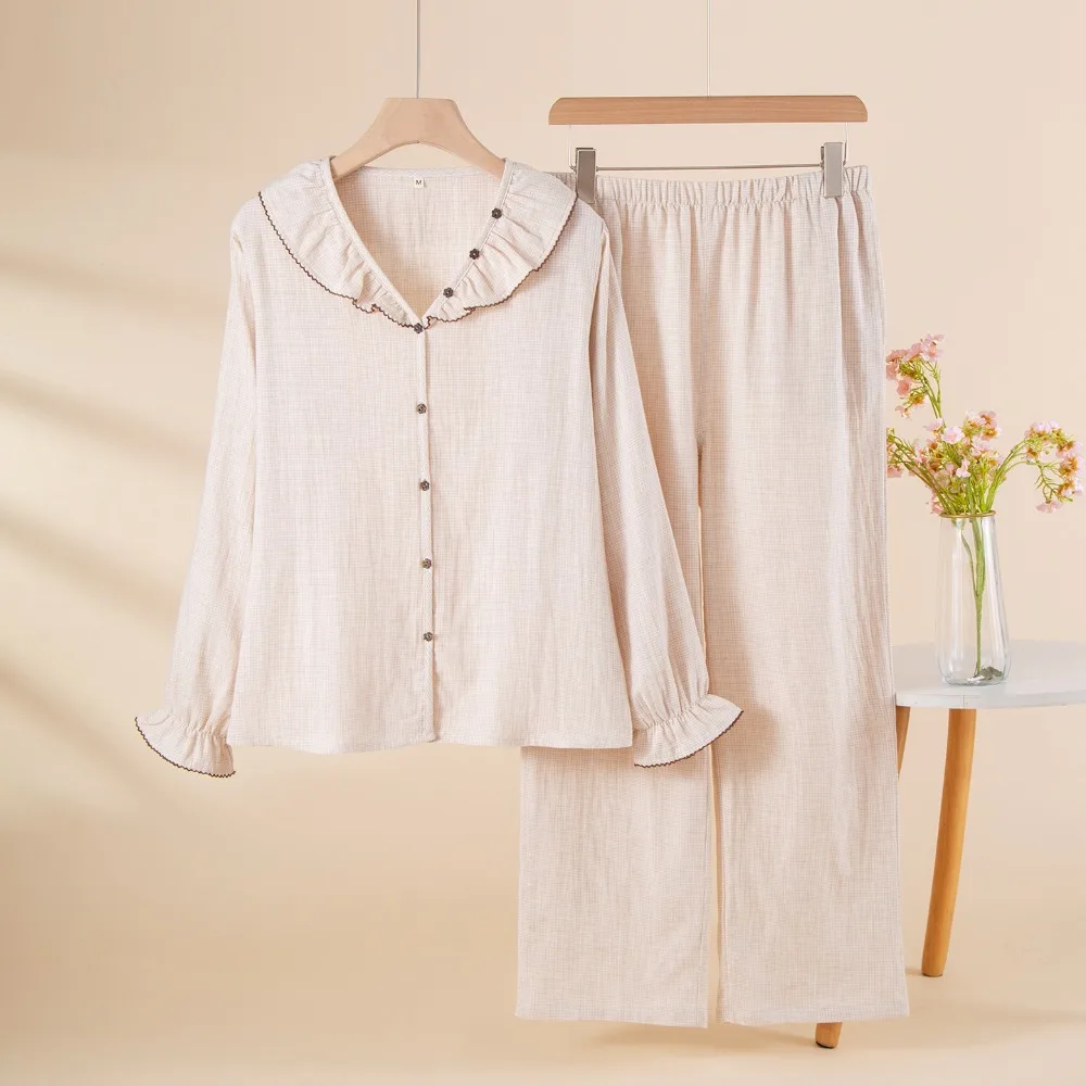 Pure Cotton Nightwear Pajama Set Spring Autumn New 2 Piece Loungewear Button Down Sleepwear Solid Color Long Sleece Lounge Wear