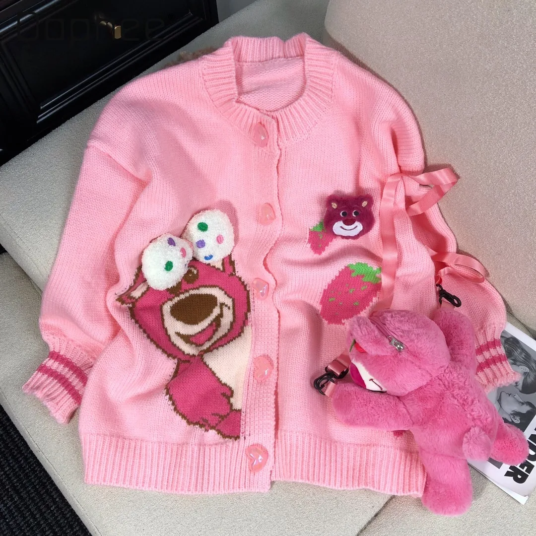 2024 Autumn and Winter Korean Sweet Bear Jacquard Cute Age-reducing Design Knitted Cardigan Sweater Women with Bag