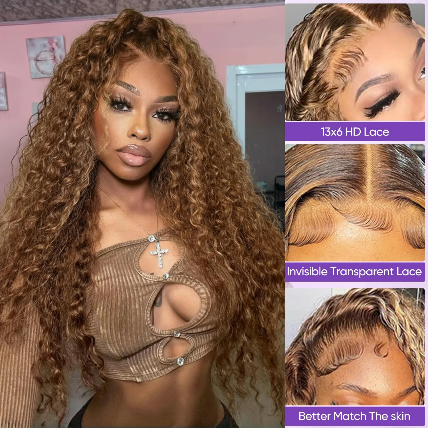 تسليط الضوء على شعر مستعار شعر الإنسان العسل شقراء براون 13x6 الدانتيل الجبهة الباروكات عميق شعر بشري مجعد موجة عميقة 13x4 HD الدانتيل الباروكات الأمامية