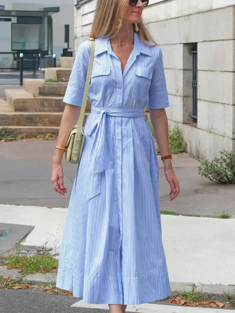 HH-vestido Midi de manga corta con cinturón de solapa holgado para mujer, vestido largo Sexy liso con bolsillo elegante, novedad de verano 2025