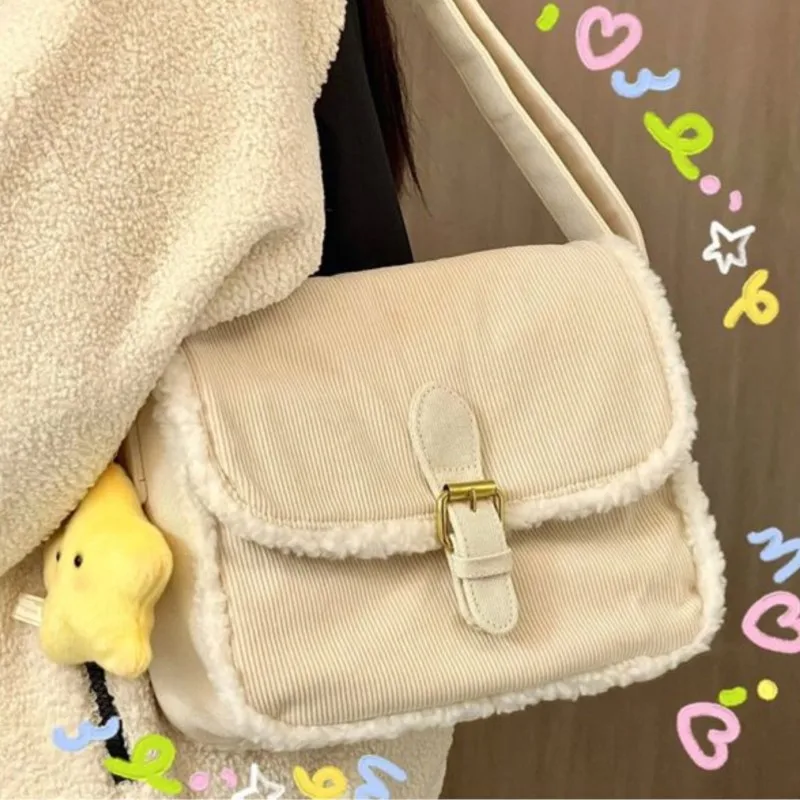 

Бежевая вельветовая плюшевая сумка-тоут, женская милая квадратная сумка на плечо большой вместимости, женская повседневная универсальная сумка через плечо для поездок на работу
