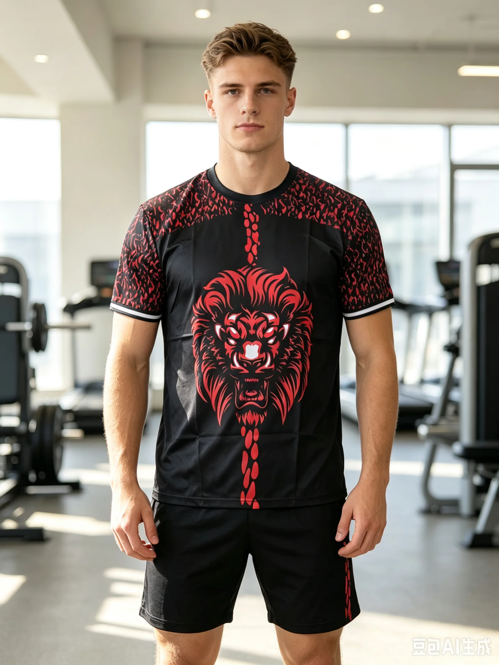Men's 3D Lion Graphic Training Tracksuit, Breathable Short Sleeve T‑Shirt & Shorts Set, Streetwear Sport Outfit for Gym Workout