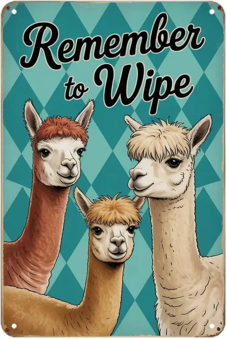 Funny Alpaca Remember To Wipe Tin Sign Bathroom Decor Vintage Metal Signs Wall Decor for Kitchen Bar Cafe Bedroom Home Patio Out