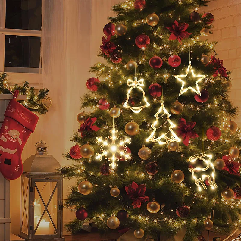 أضواء نافذة عيد الميلاد ديكور تعمل بالبطارية معلقة دافئة بيضاء ضوء شجرة نجمة أجراس على شكل مصاصة LED لديكور مدفأة عيد الميلاد