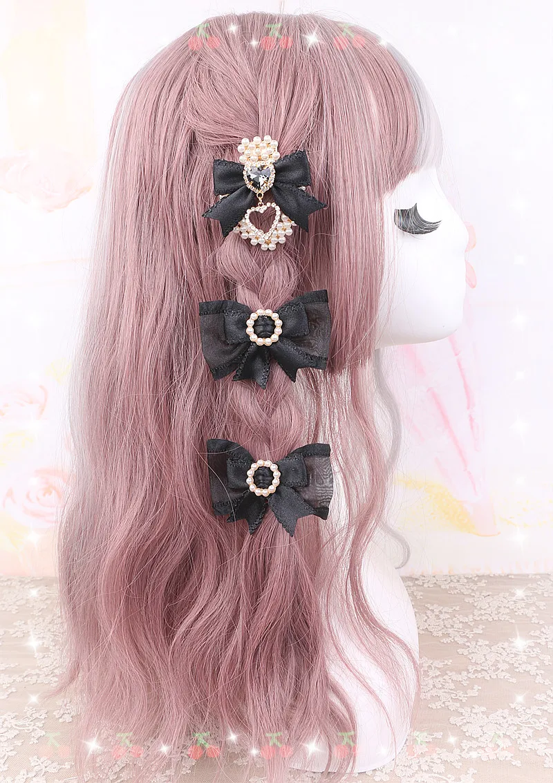 1 Pair Romantic Handmade Bow Hair Clips Lolita Pearl Heart Loria Bow Hairpins Hair y2k Accessories Jirarkei Ribbon Decor
