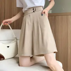 Estate nuovi pantaloncini da abito sottili coreani a vita alta tasche con bottoni con cerniera solida da donna pantaloncini larghi a gamba larga semplici di moda Casual