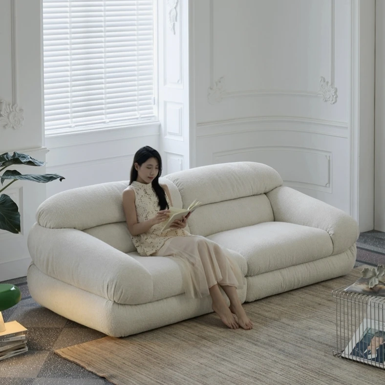Light French Retro Style Fluffy Sofa Designer Cloth Sofa Family Living Room Comfortable Three-person Sofa for Lazy People